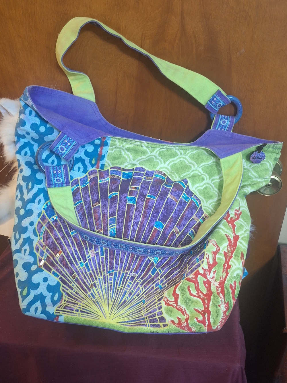 Colorful Seashell Canvas Tote Bag in Purple & Green